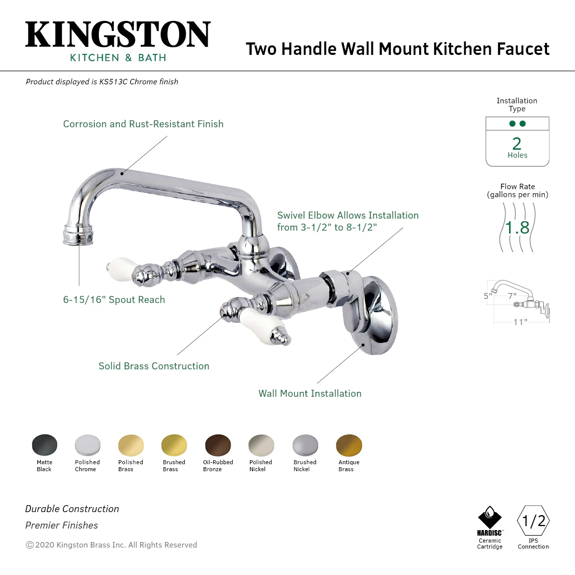 Kingston Heirloom KS513MB - Kingston Two-Handle 2-Hole Wall Mount Bridge Kitchen Faucet, Matte Black - Image 2