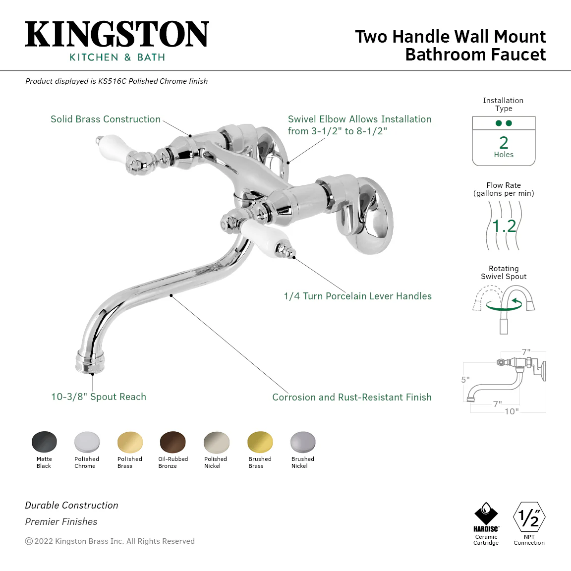 Kingston Heirloom KS516PN - Kingston Double-Handle 2-Hole Wall Mount Bathroom Faucet, Polished Nickel - Image 5