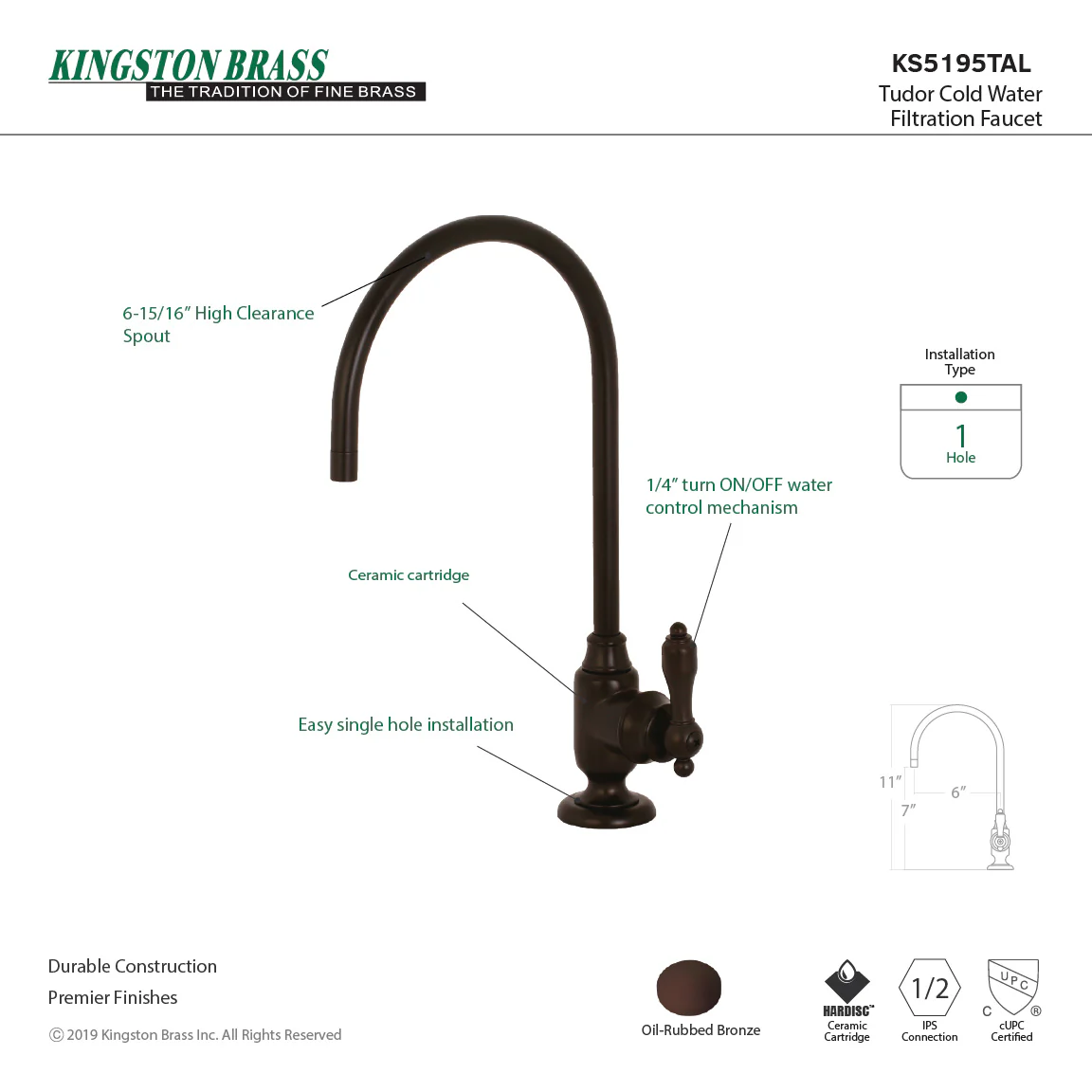 Kingston Heirloom KS5195TAL - Tudor Single-Handle 1-Hole Deck Mount Water Filtration Faucet, Oil Rubbed Bronze - Image 5