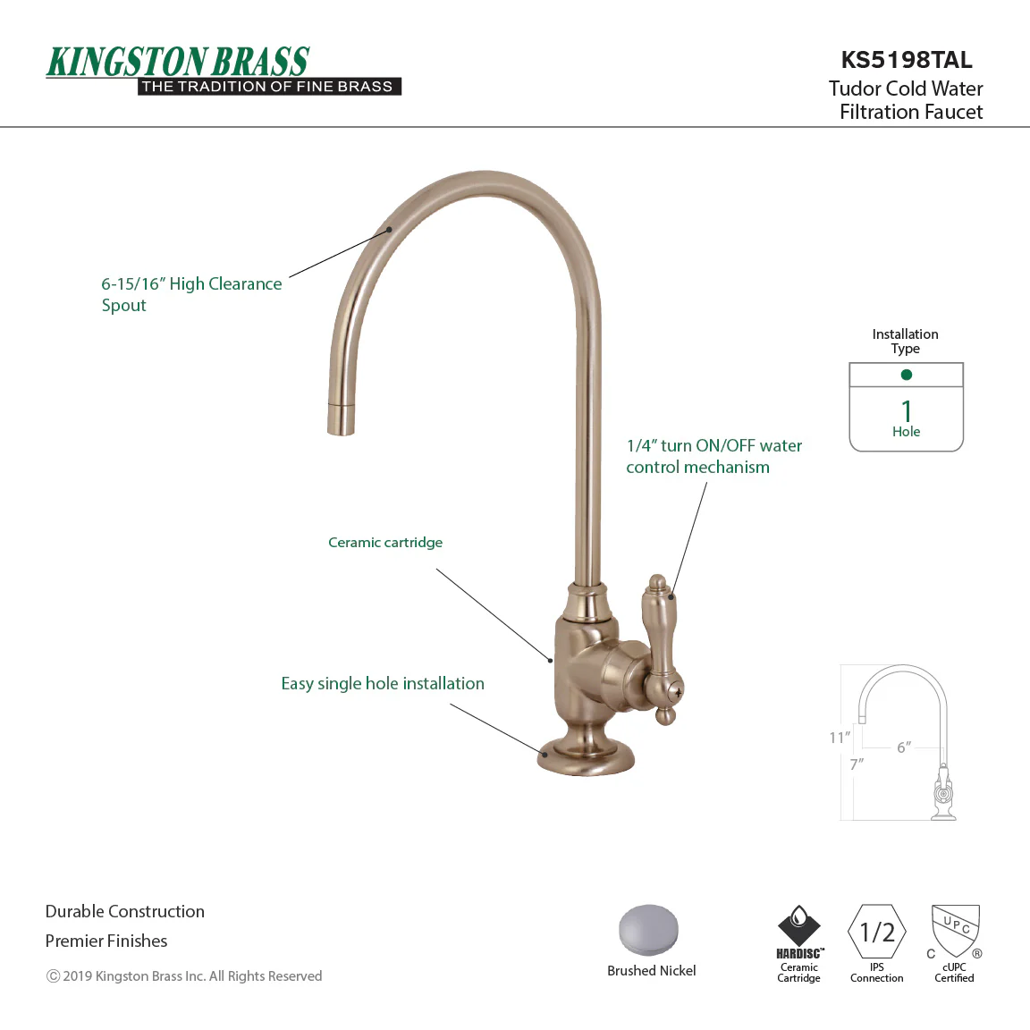 Kingston Heirloom KS5198TAL - Tudor Single-Handle 1-Hole Deck Mount Water Filtration Faucet, Brushed Nickel - Image 4