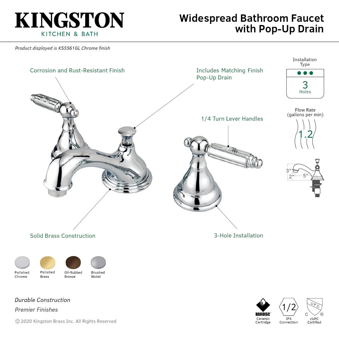 Kingston Tulare KS5568GL - Georgian Two-Handle 3-Hole Deck Mount Widespread Bathroom Faucet with Brass Pop-Up, Brushed Nickel - Image 2