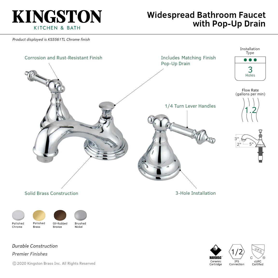 Kingston Heirloom KS5568TL Two-Handle 3-Hole Deck Mount Widespread Bathroom Faucet with Brass Pop-Up, Brushed Nickel - Image 3