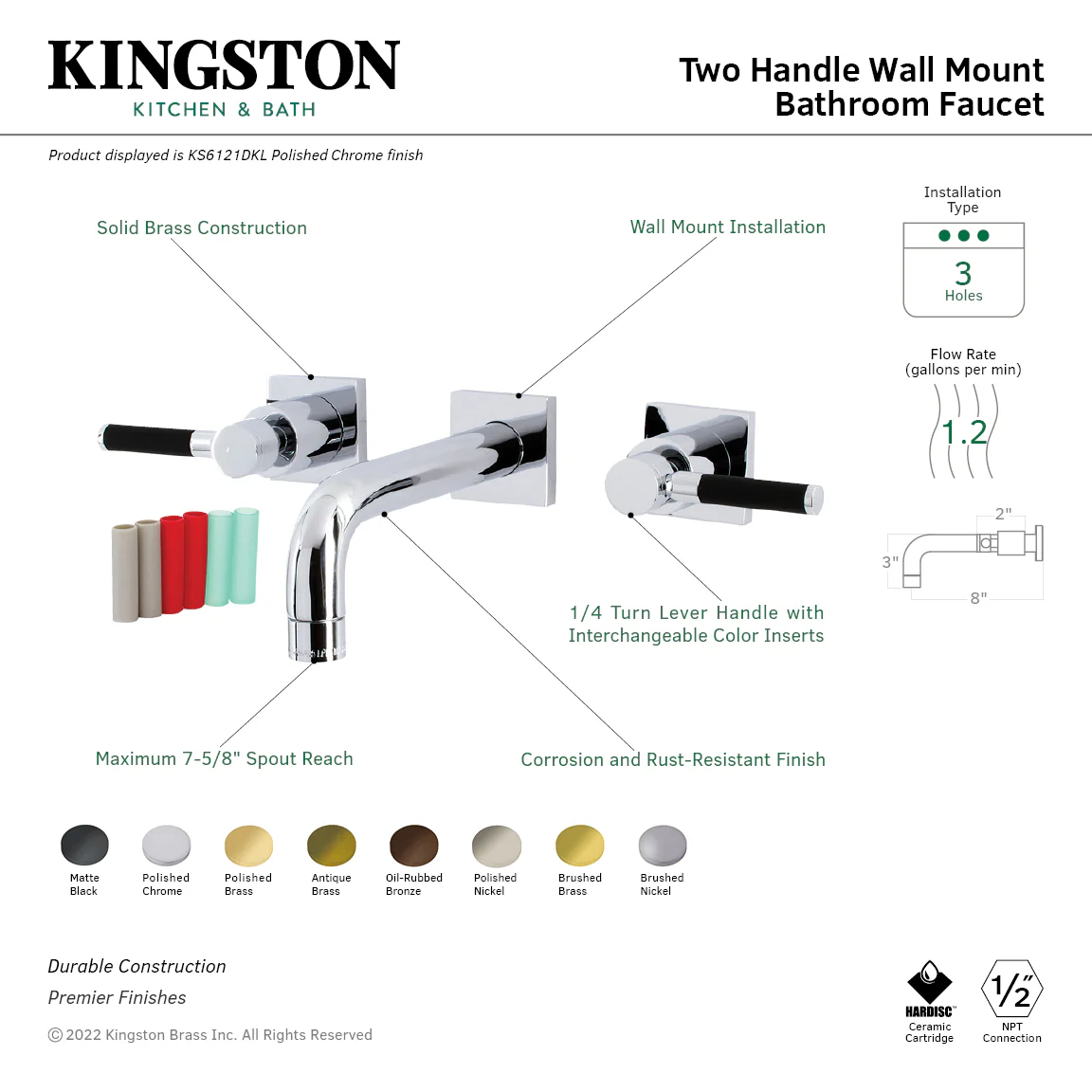Kingston Sona KS6121DKL - Kaiser Double-Handle 3-Hole Wall Mount Bathroom Faucet, Polished Chrome - Image 9