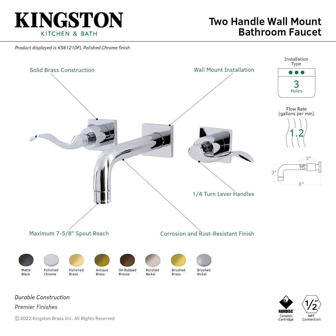 Kingston Tulare KS6122DFL - NuWave Double-Handle 3-Hole Wall Mount Bathroom Faucet, Polished Brass - Image 6