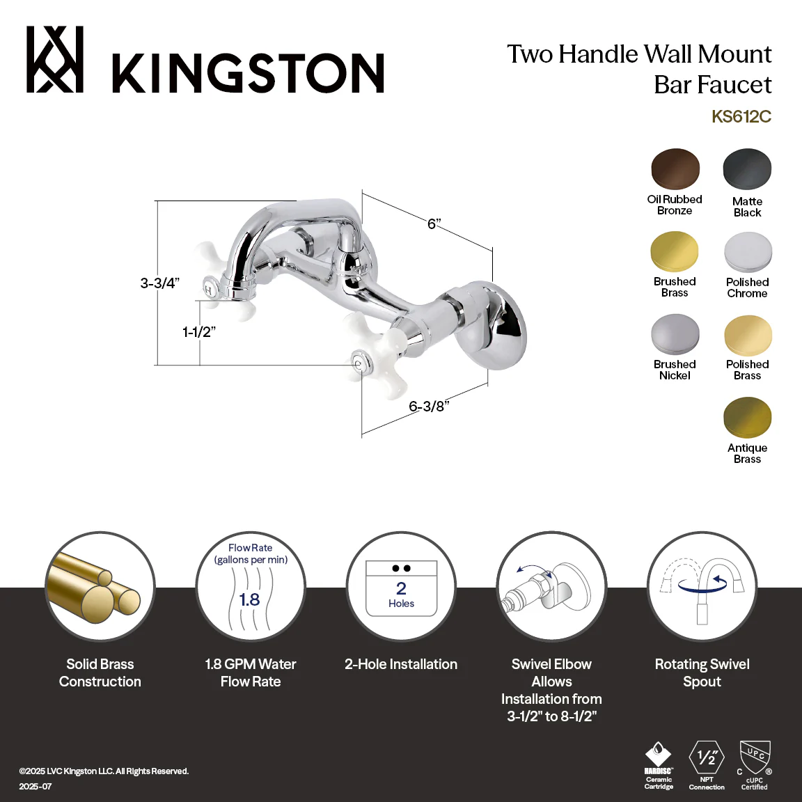 Kingston Heirloom KS612SB - Kingston Two-Handle 2-Hole Wall Mount Bar Faucet, Brushed Brass - Image 5