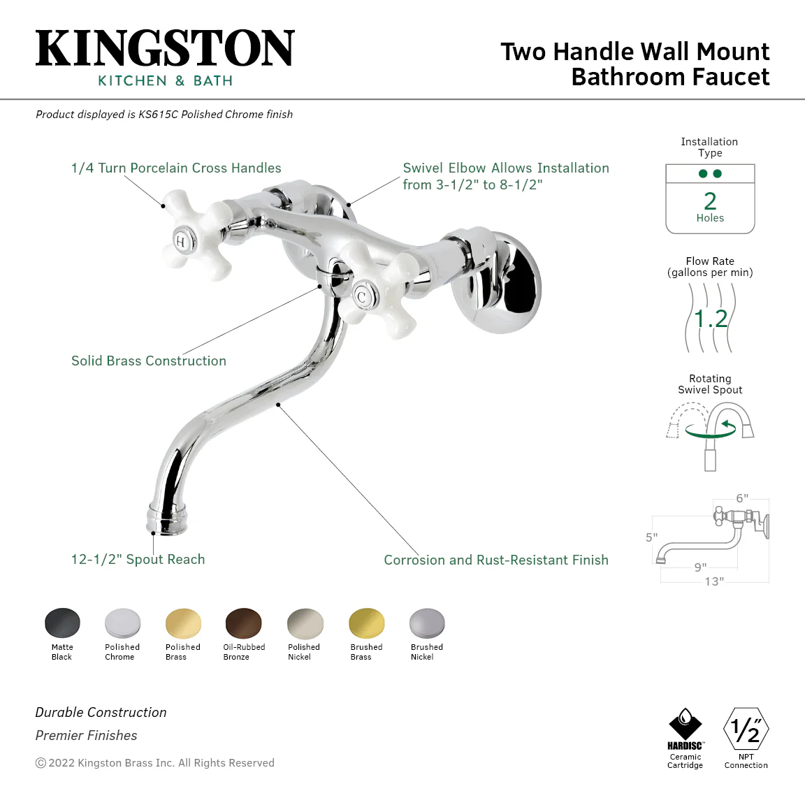 Kingston Heirloom KS615ORB - Kingston Double-Handle 2-Hole Wall Mount Bathroom Faucet, Oil Rubbed Bronze - Image 5