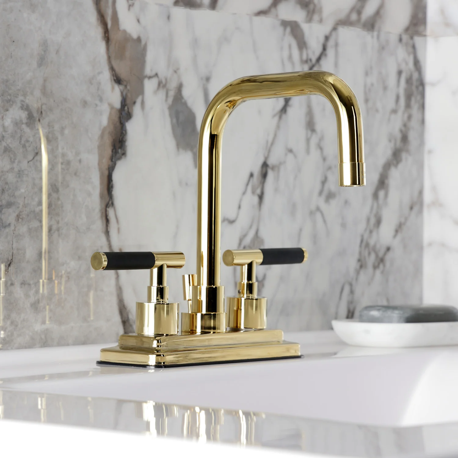 Kingston Sona KS6642CKL - Kaiser Double-Handle 3-Hole Deck Mount 4-Inch Centerset Bathroom Faucet with Brass Pop-Up, Polished Brass - Image 5
