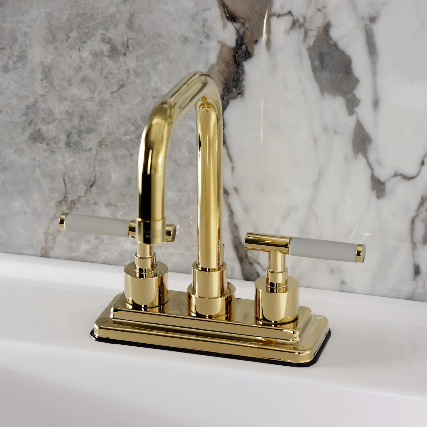 Kingston Sona KS6642CKL - Kaiser Double-Handle 3-Hole Deck Mount 4-Inch Centerset Bathroom Faucet with Brass Pop-Up, Polished Brass - Image 7