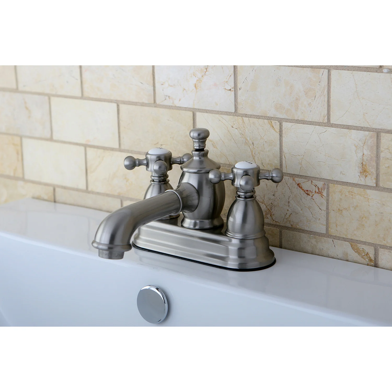 Kingston Tulare KS7008BX - English Country Double-Handle 3-Hole Deck Mount 4-Inch Centerset Bathroom Faucet with Brass Pop-Up, Brushed Nickel - Image 2