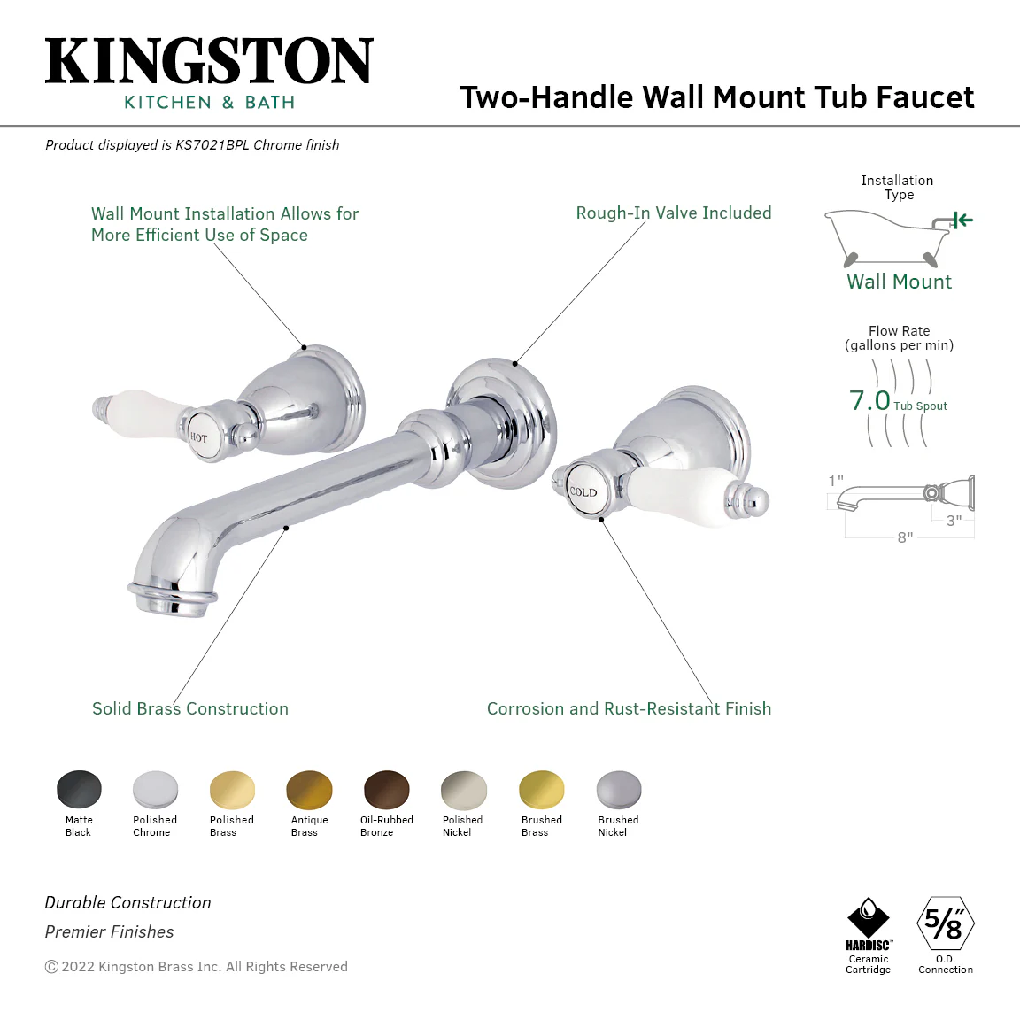 Kingston Tulare KS7025BPL - Bel-Air Two-Handle 3-Hole Wall Mount Tub Faucet, Oil Rubbed Bronze - Image 2
