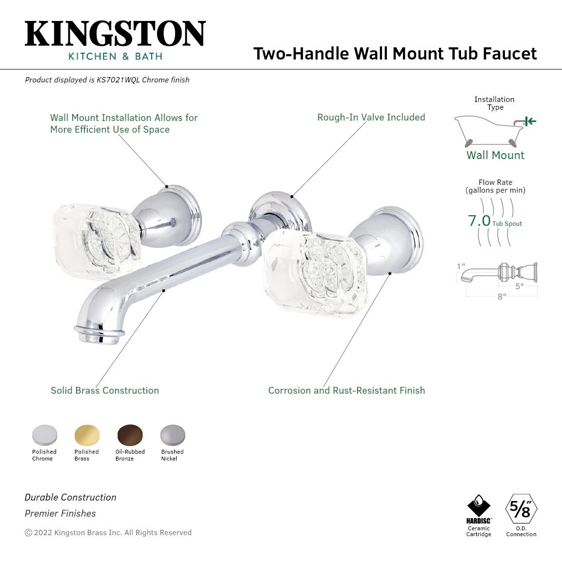 Kingston Tulare KS7025WQL - Krystal Onyx Two-Handle 3-Hole Wall Mount Tub Faucet, Oil Rubbed Bronze - Image 2