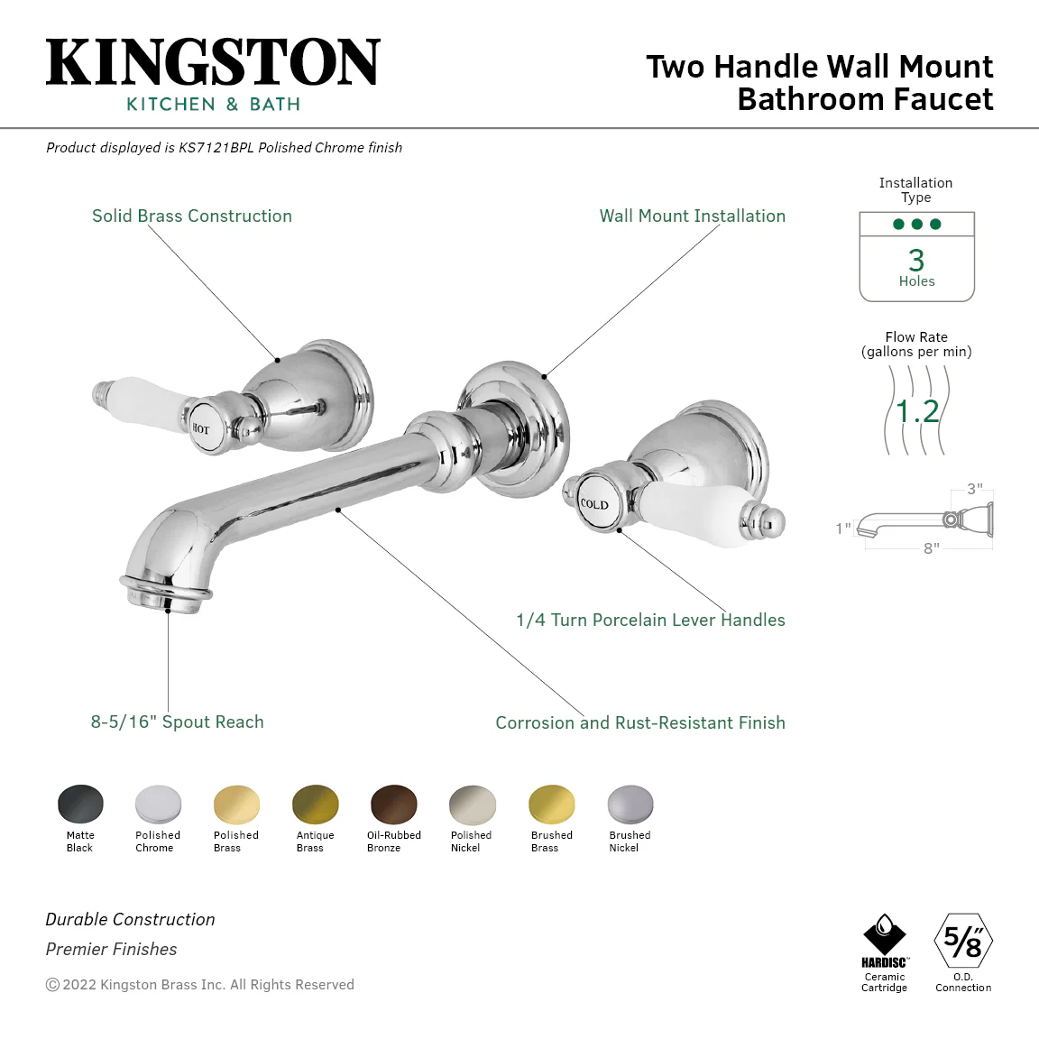Kingston Tulare KS7121BPL - Bel-Air Double-Handle 3-Hole Wall Mount Bathroom Faucet, Polished Chrome - Image 2