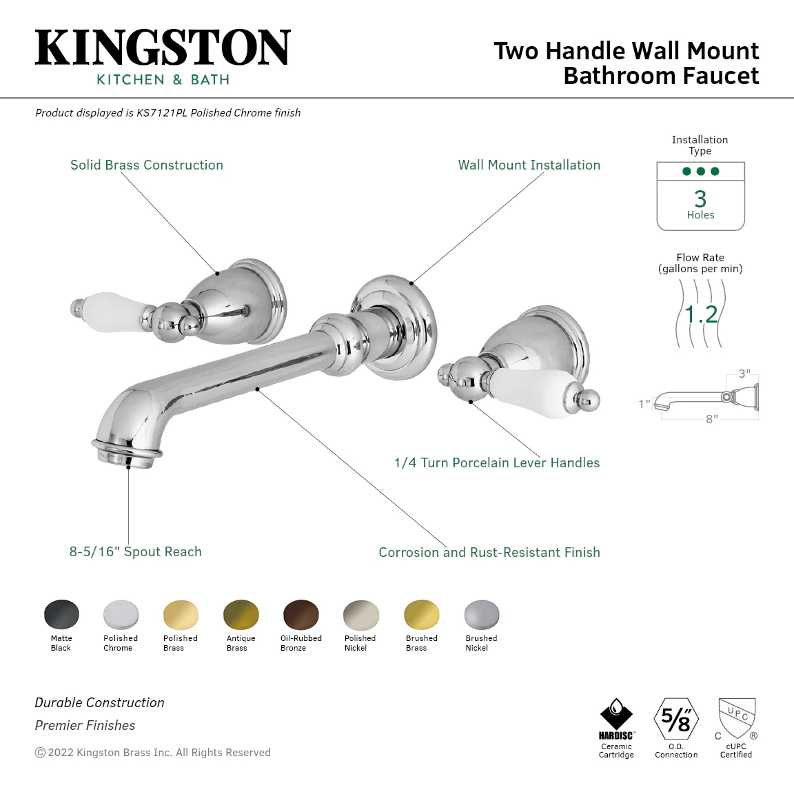 Kingston Tulare KS7121PL - English Country Double-Handle 3-Hole Wall Mount Bathroom Faucet, Polished Chrome - Image 2