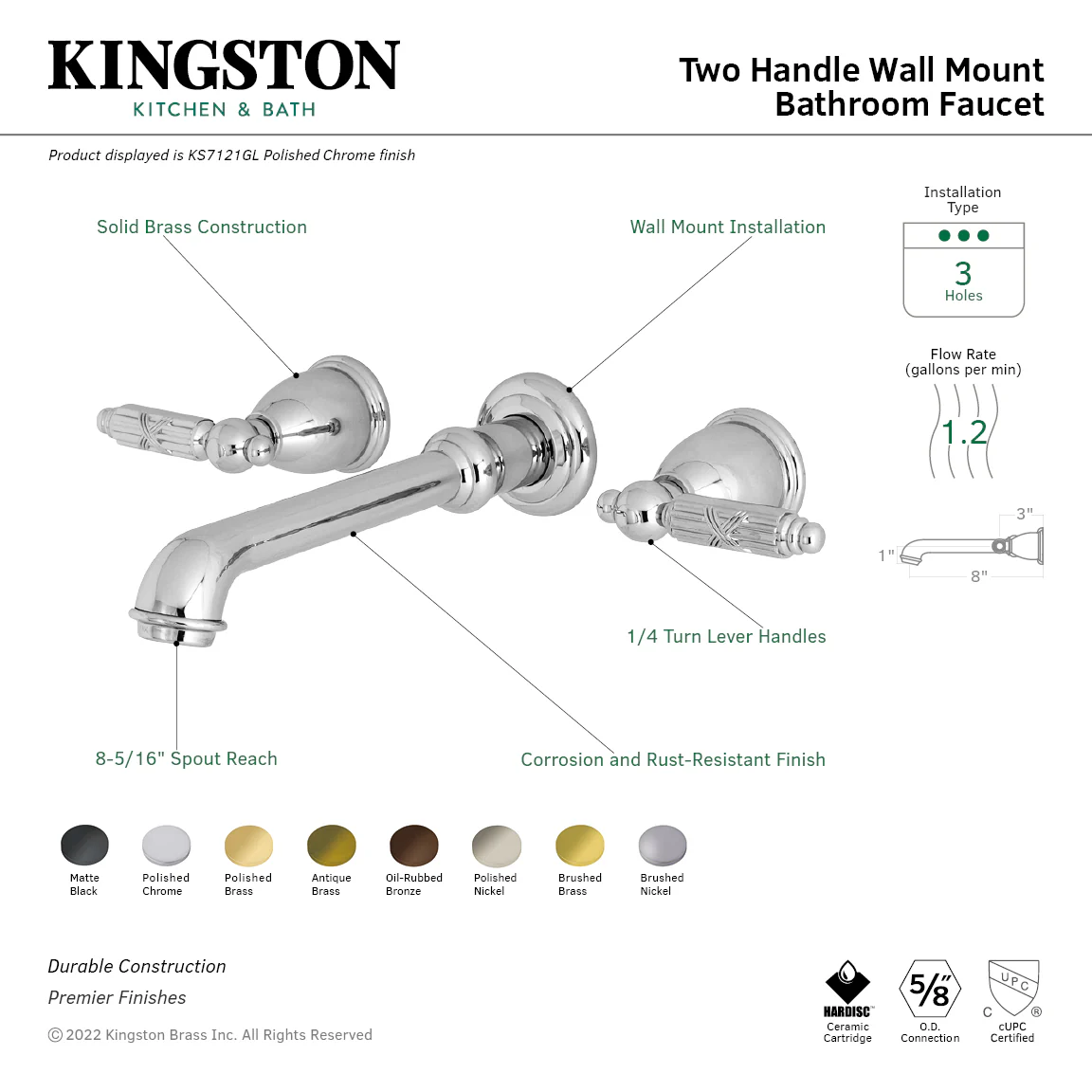 Kingston Tulare KS7126GL - Georgian Double-Handle 3-Hole Wall Mount Bathroom Faucet, Polished Nickel - Image 8