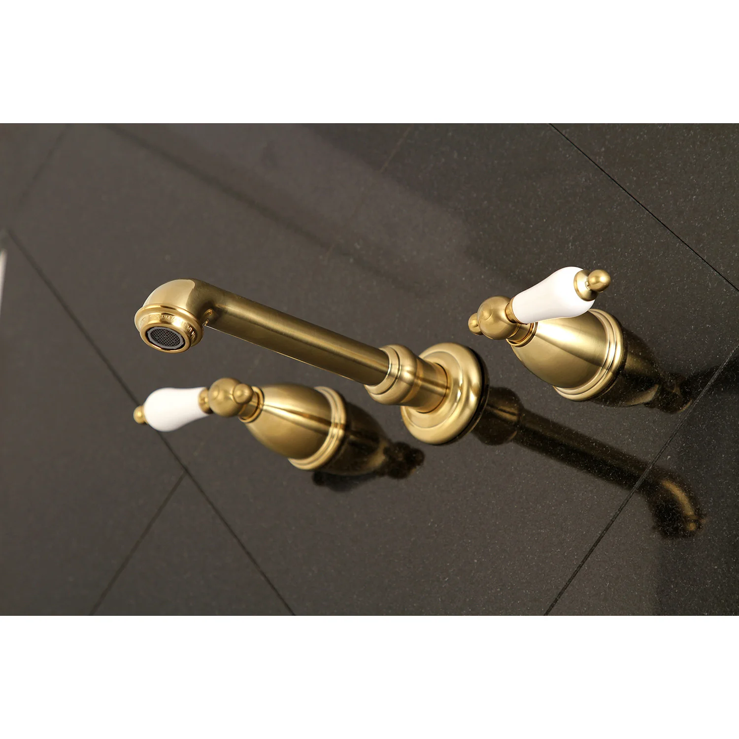 Kingston Tulare KS7127PL - English Country Double-Handle 3-Hole Wall Mount Bathroom Faucet, Brushed Brass - Image 2