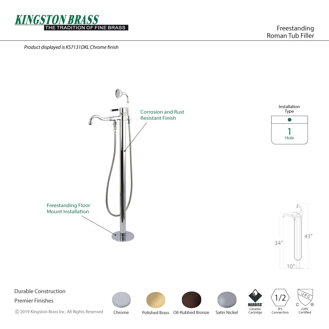 Kingston Sona KS7138DKL - Kaiser Single-Handle 1-Hole Freestanding Tub Faucet with Hand Shower, Brushed Nickel - Image 5