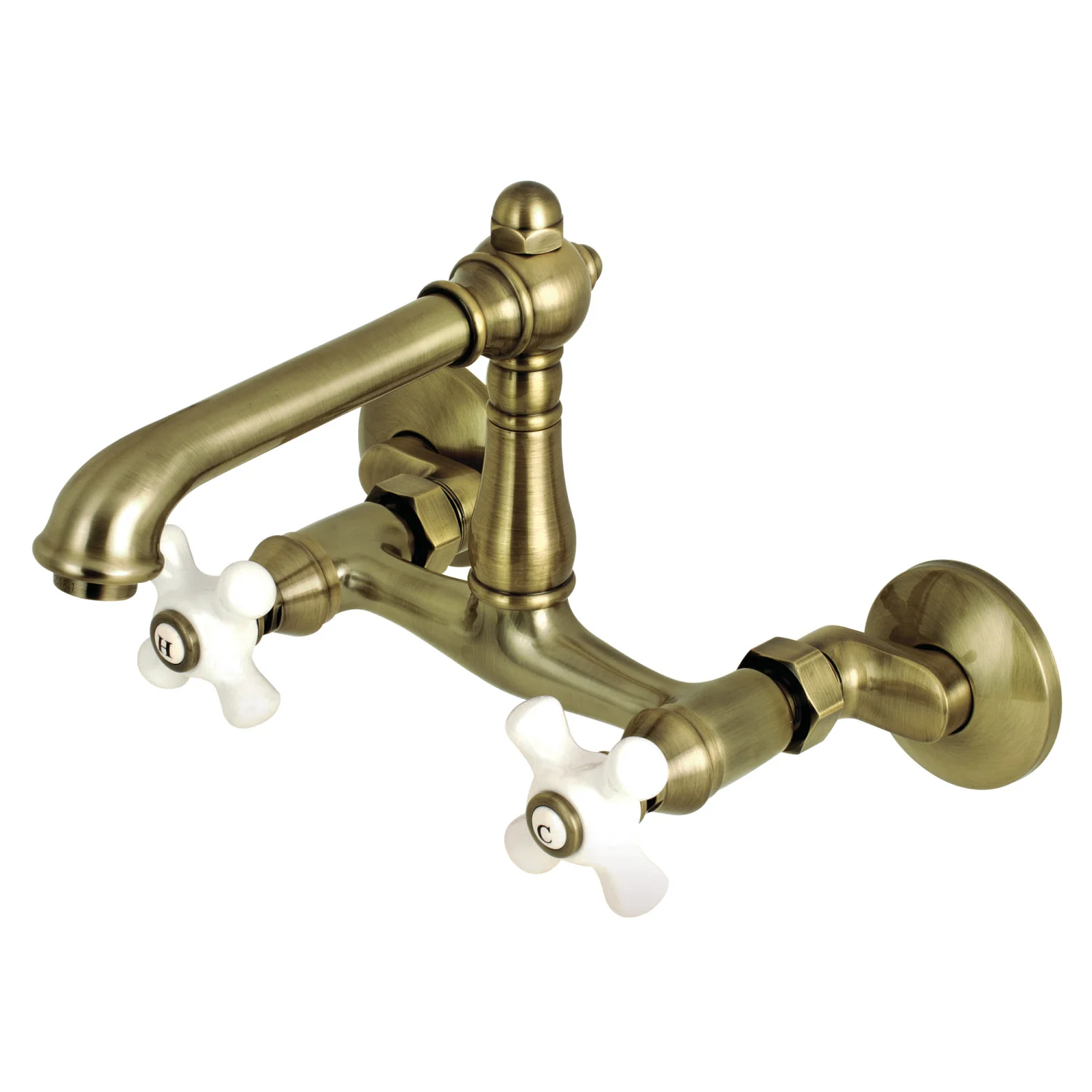 Kingston Tulare KS7223PX - English Country Two-Handle 2-Hole Wall Mount Bridge Kitchen Faucet, Antique Brass