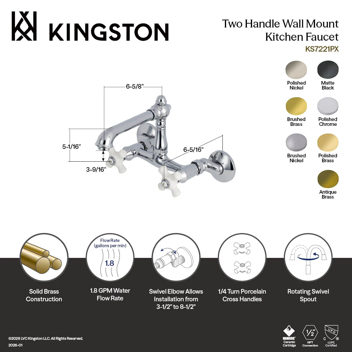 Kingston Tulare KS7226PX - English Country Two-Handle 2-Hole Wall Mount Bridge Kitchen Faucet, Polished Nickel - Image 2