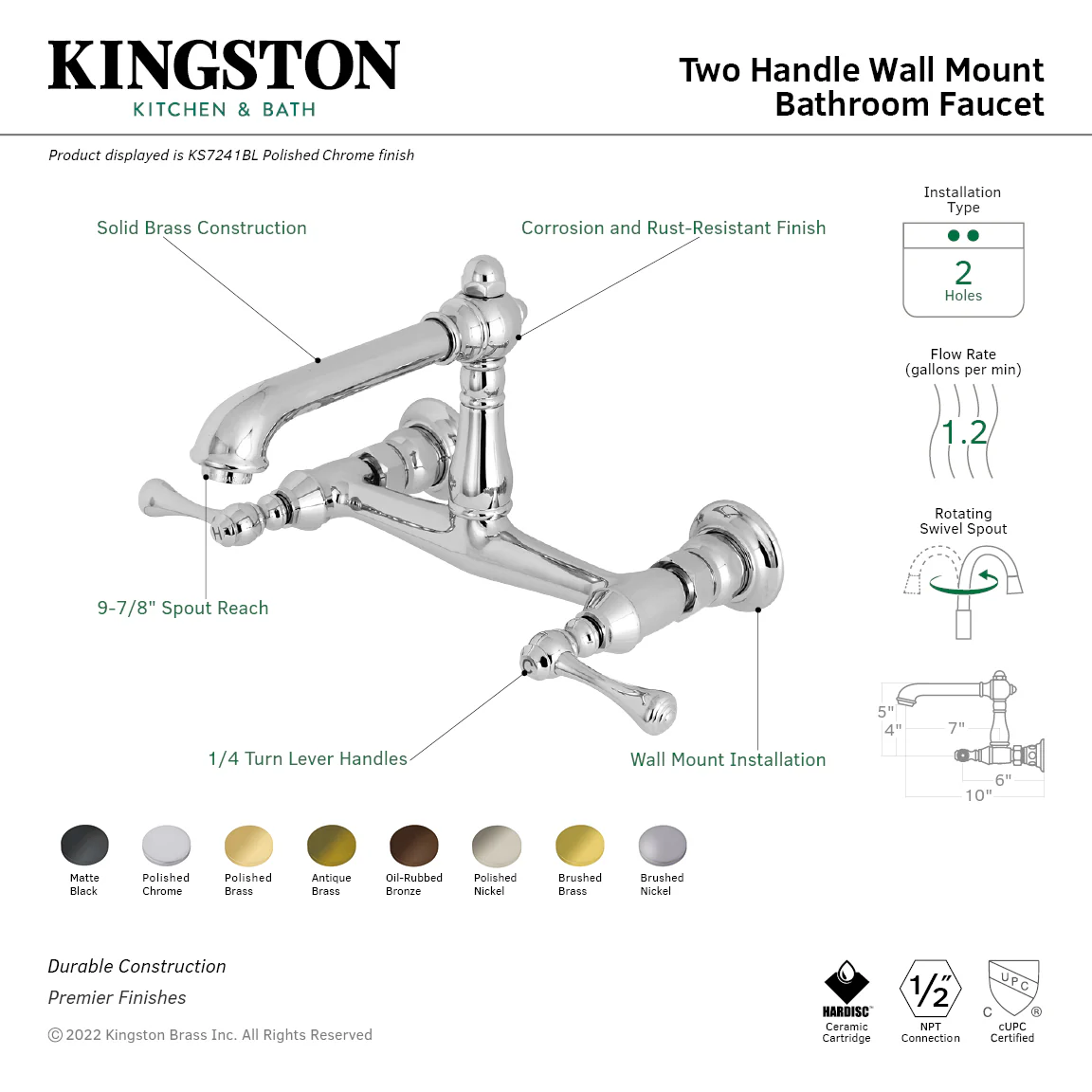 Kingston Heirloom KS7243BL - English Country Double-Handle 2-Hole Wall Mount Bathroom Faucet, Antique Brass - Image 2