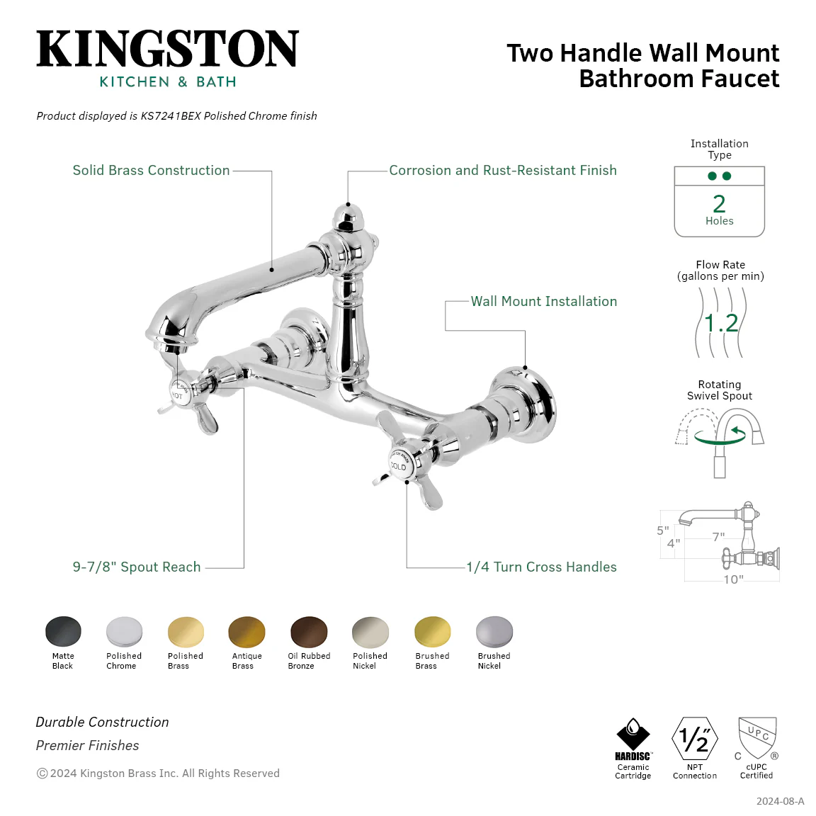 Kingston Heirloom KS7245BEX - Essex Double-Handle 2-Hole Wall Mount Bathroom Faucet, Oil Rubbed Bronze - Image 3