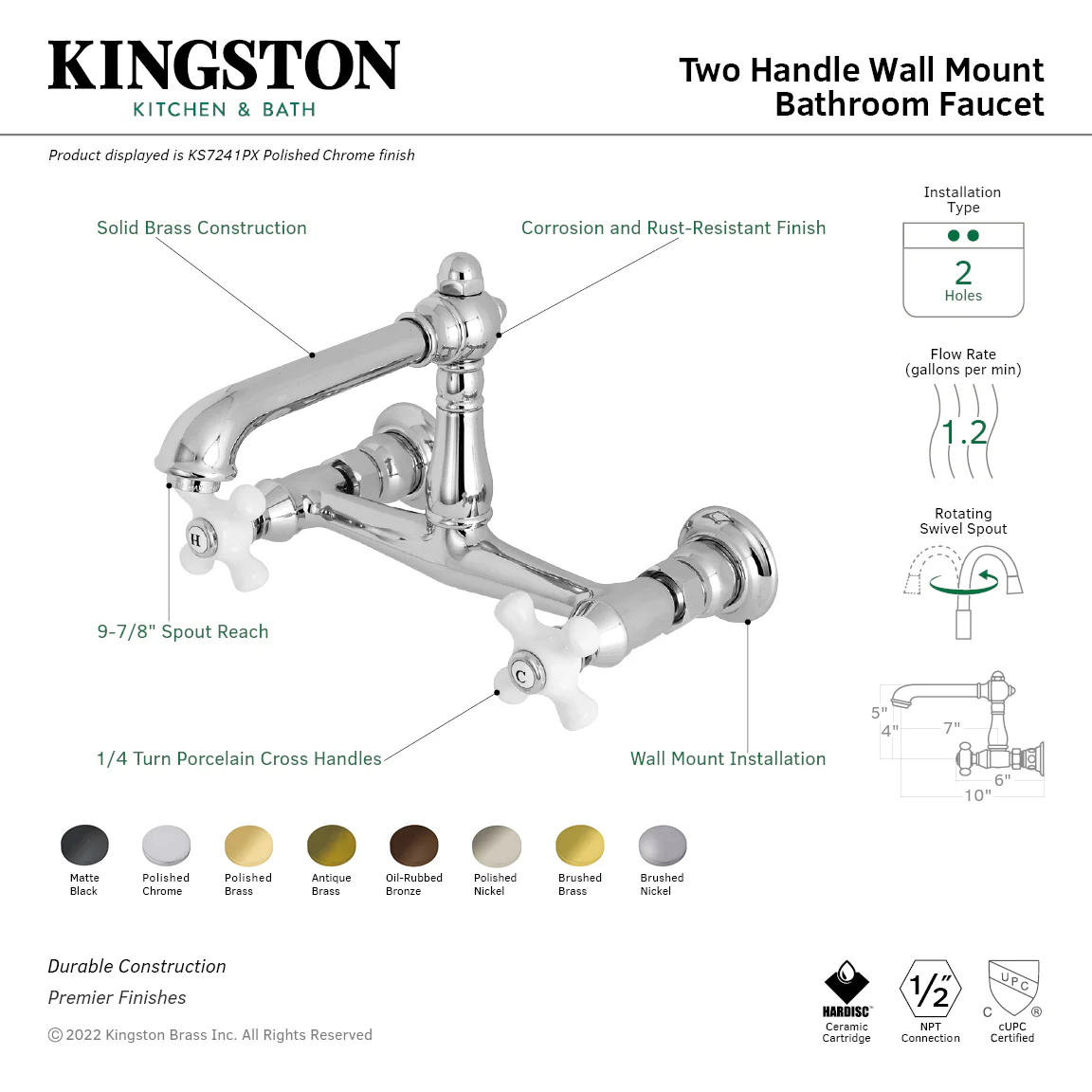 Kingston Heirloom KS7245PX - English Country Double-Handle 2-Hole Wall Mount Bathroom Faucet, Oil Rubbed Bronze - Image 2