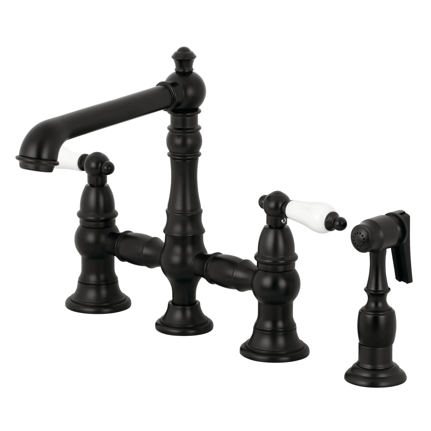 Kingston Tulare KS7270PLBS - English Country Two-Handle 4-Hole Deck Mount Bridge Kitchen Faucet with Brass Sprayer, Matte Black