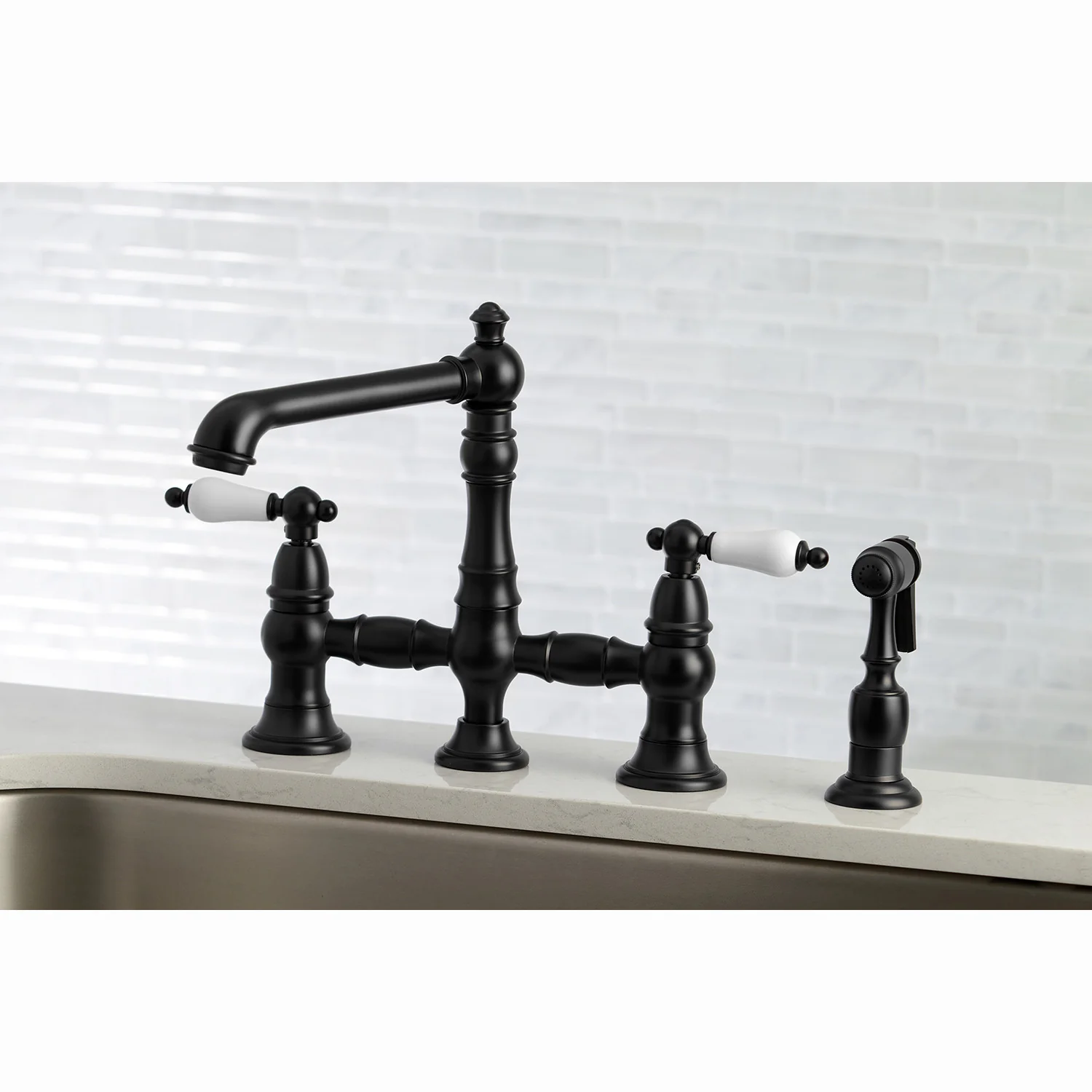 Kingston Tulare KS7270PLBS - English Country Two-Handle 4-Hole Deck Mount Bridge Kitchen Faucet with Brass Sprayer, Matte Black - Image 5