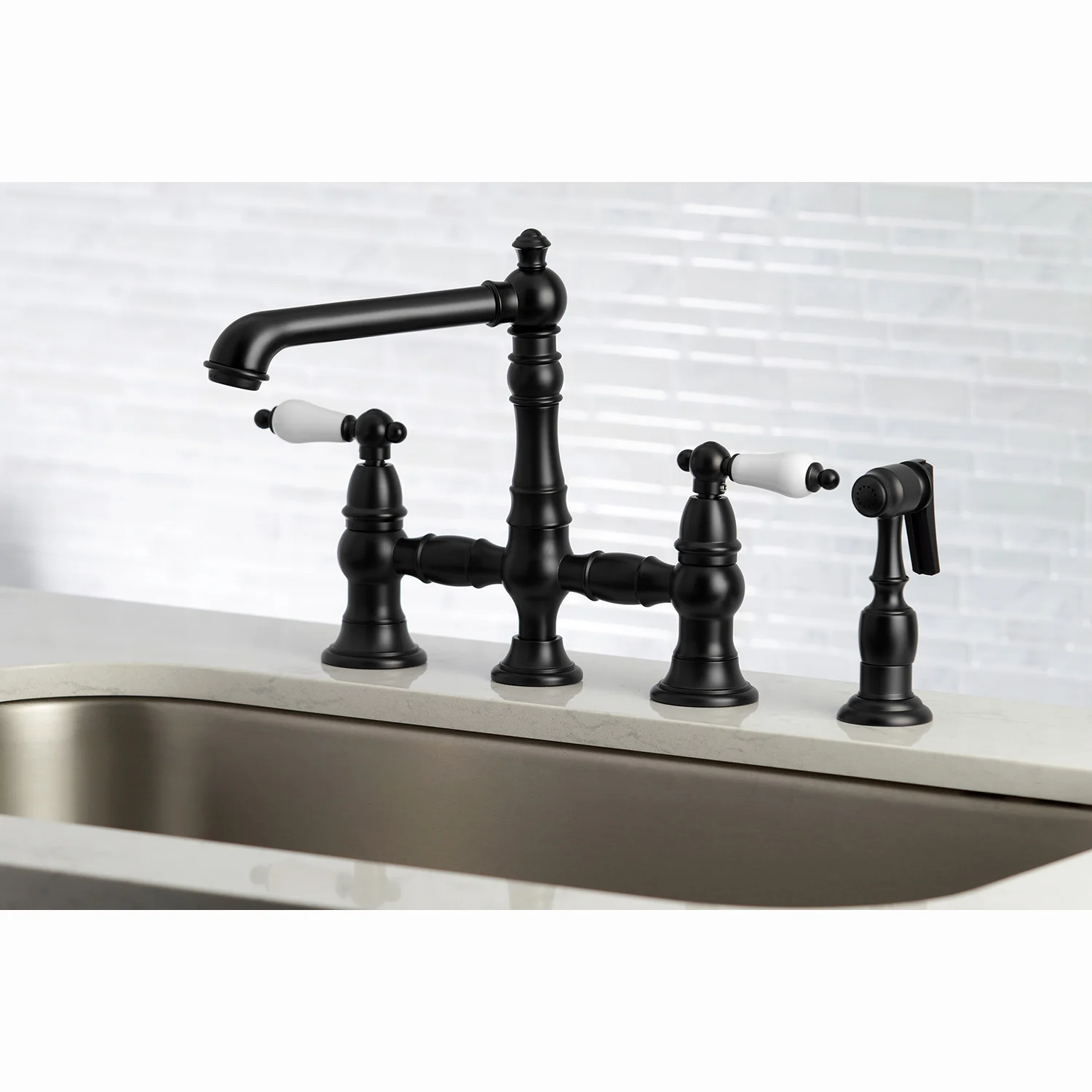 Kingston Tulare KS7270PLBS - English Country Two-Handle 4-Hole Deck Mount Bridge Kitchen Faucet with Brass Sprayer, Matte Black - Image 6