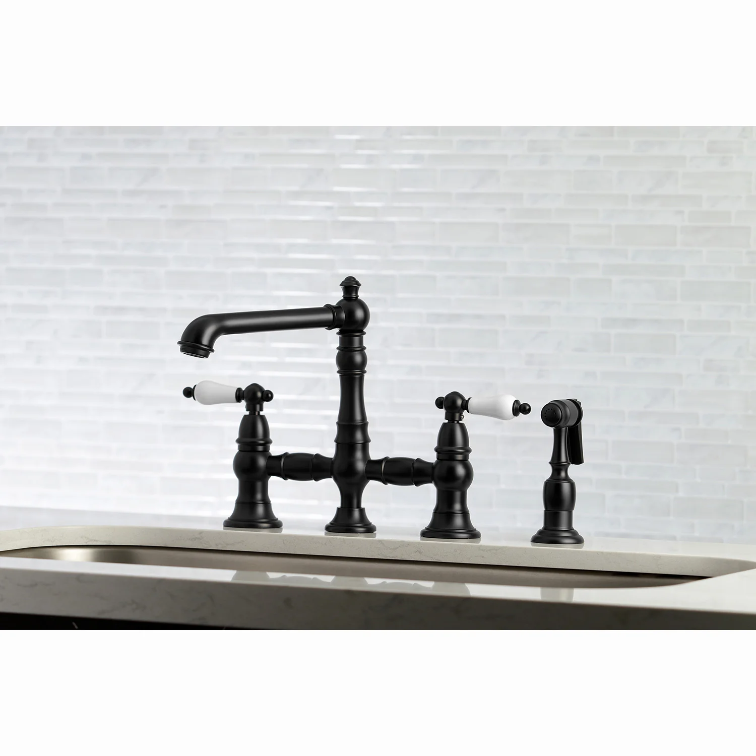 Kingston Tulare KS7270PLBS - English Country Two-Handle 4-Hole Deck Mount Bridge Kitchen Faucet with Brass Sprayer, Matte Black - Image 7