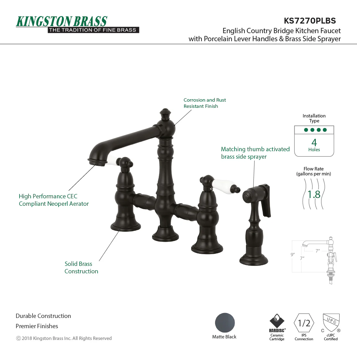 Kingston Tulare KS7270PLBS - English Country Two-Handle 4-Hole Deck Mount Bridge Kitchen Faucet with Brass Sprayer, Matte Black - Image 8