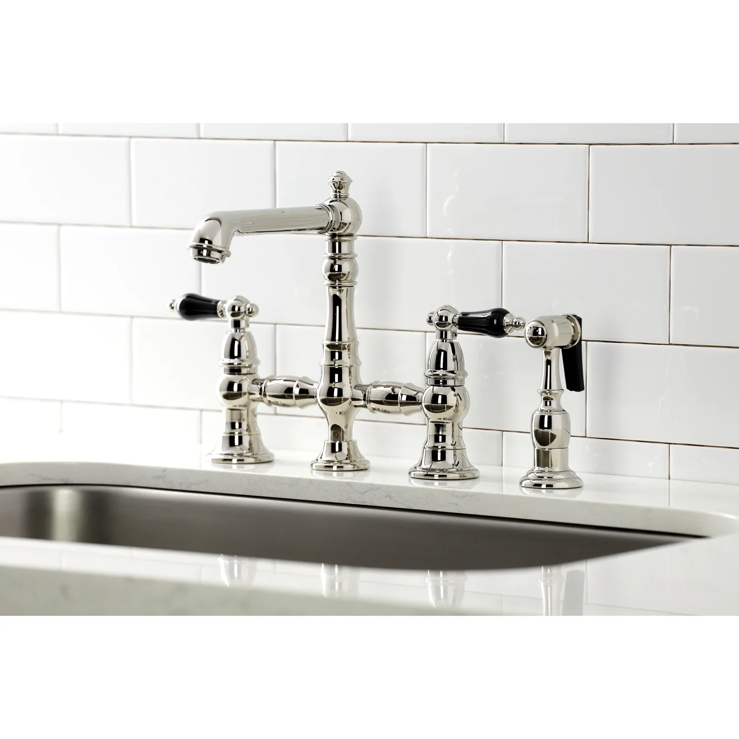 Kingston Tulare KS7276PKLBS - Duchess Two-Handle 4-Hole Deck Mount Bridge Kitchen Faucet with Brass Sprayer, Polished Nickel - Image 3