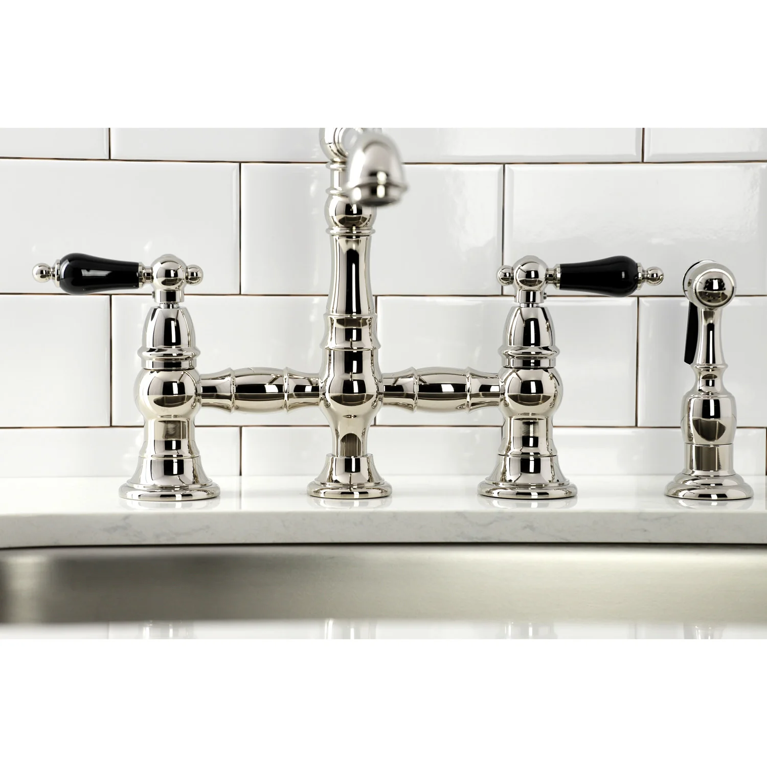 Kingston Tulare KS7276PKLBS - Duchess Two-Handle 4-Hole Deck Mount Bridge Kitchen Faucet with Brass Sprayer, Polished Nickel - Image 5