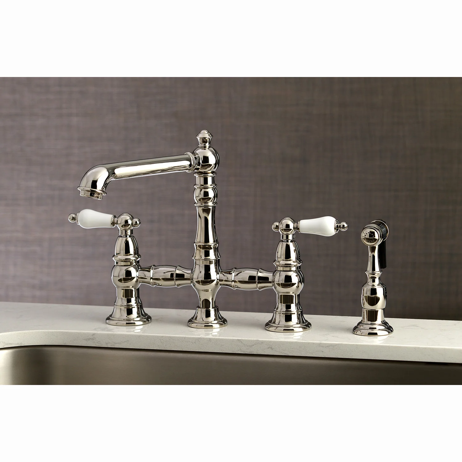 Kingston Tulare KS7276PLBS - English Country Two-Handle 4-Hole Deck Mount Bridge Kitchen Faucet with Brass Sprayer, Polished Nickel - Image 5