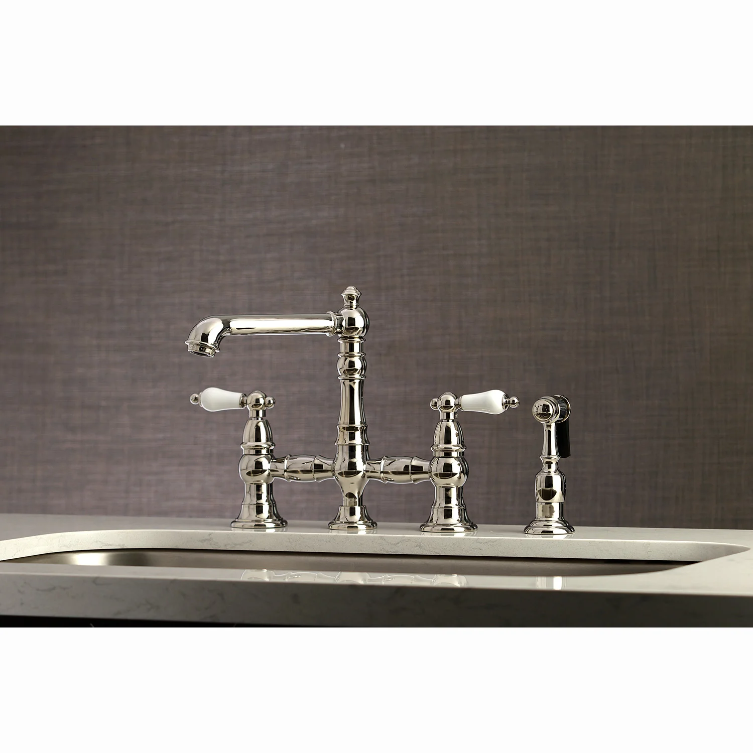 Kingston Tulare KS7276PLBS - English Country Two-Handle 4-Hole Deck Mount Bridge Kitchen Faucet with Brass Sprayer, Polished Nickel - Image 7