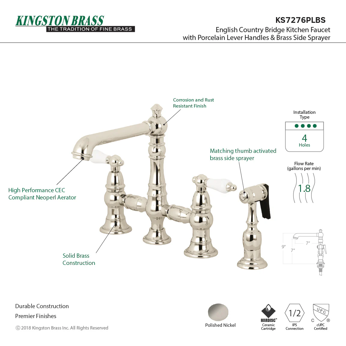 Kingston Tulare KS7276PLBS - English Country Two-Handle 4-Hole Deck Mount Bridge Kitchen Faucet with Brass Sprayer, Polished Nickel - Image 8