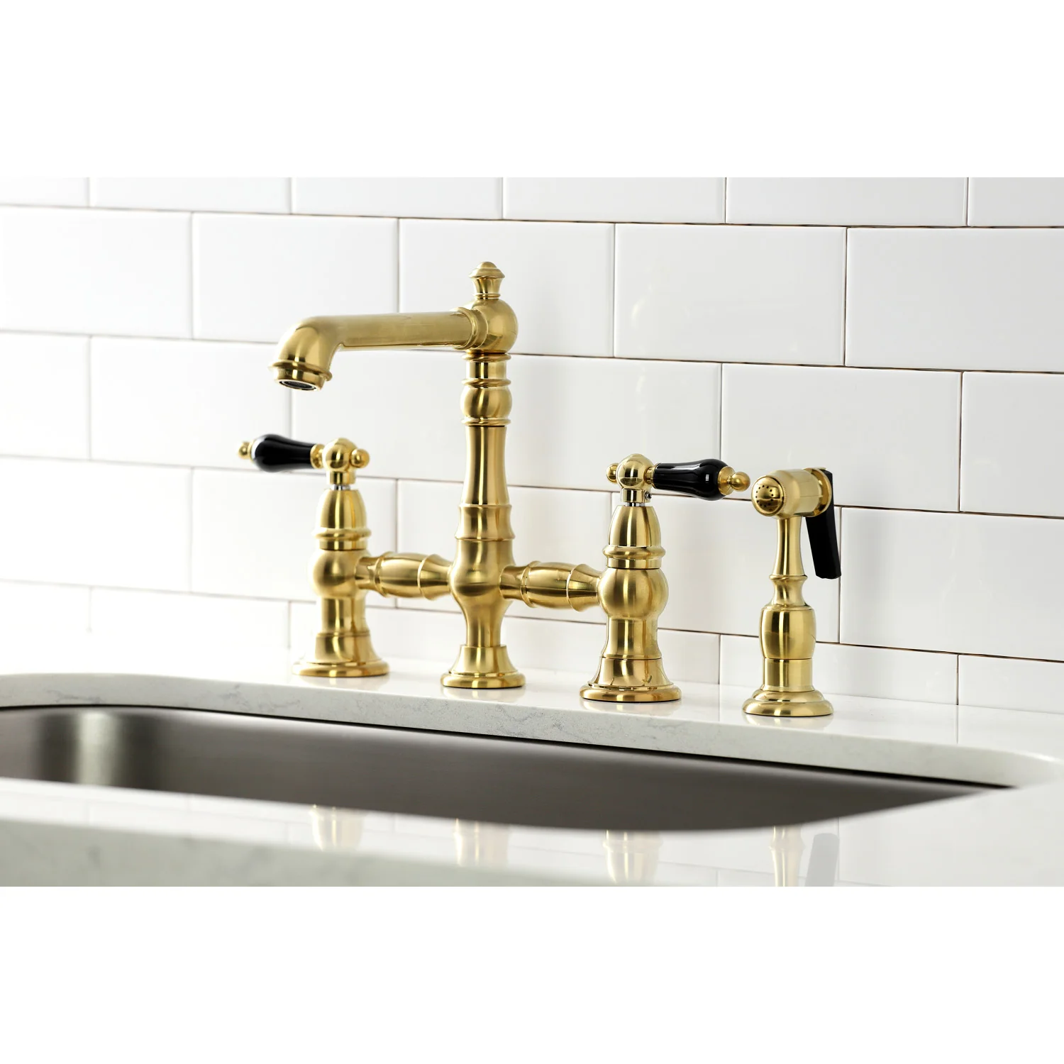 Kingston Tulare KS7277PKLBS - Duchess Two-Handle 4-Hole Deck Mount Bridge Kitchen Faucet with Brass Sprayer, Brushed Brass - Image 6
