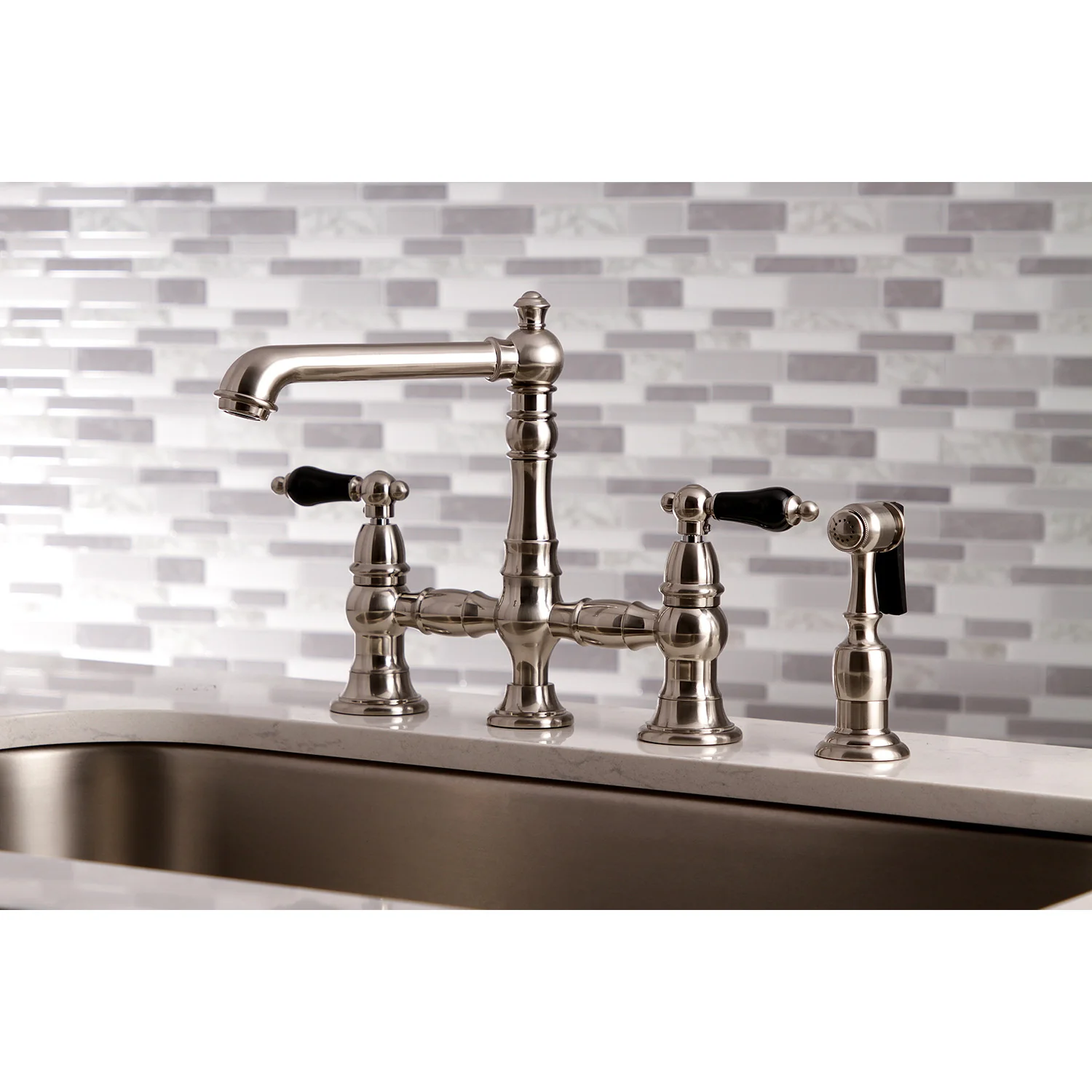 Kingston Tulare KS7278PKLBS - Duchess Two-Handle 4-Hole Deck Mount Bridge Kitchen Faucet with Brass Sprayer, Brushed Nickel - Image 4