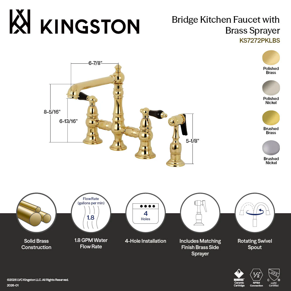 Kingston Tulare KS7278PKLBS - Duchess Two-Handle 4-Hole Deck Mount Bridge Kitchen Faucet with Brass Sprayer, Brushed Nickel - Image 5