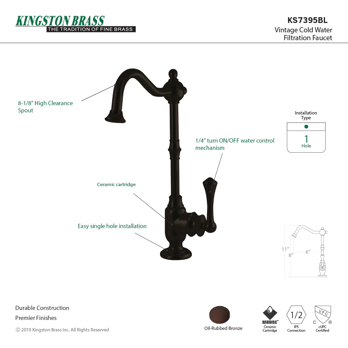 Kingston Heirloom KS7395BL - Vintage Single-Handle 1-Hole Deck Mount Water Filtration Faucet, Oil Rubbed Bronze - Image 3