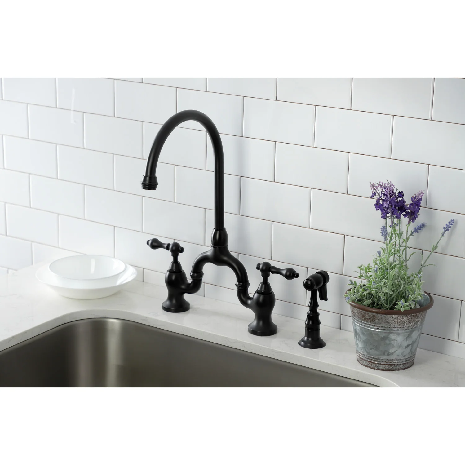 Kingston Heirloom KS7790ALBS - English Country Two-Handle 3-Hole Deck Mount Bridge Kitchen Faucet with Brass Sprayer, Matte Black - Image 2