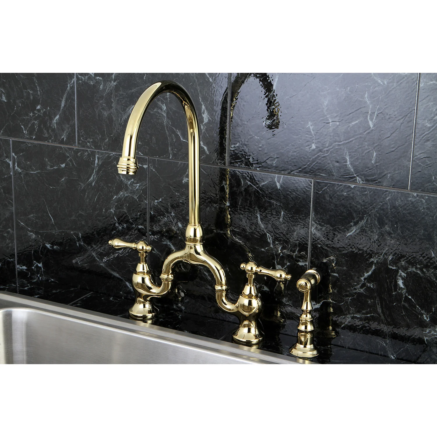 Kingston Heirloom KS7792ALBS - English Country Two-Handle 3-Hole Deck Mount Bridge Kitchen Faucet with Brass Sprayer, Polished Brass - Image 3