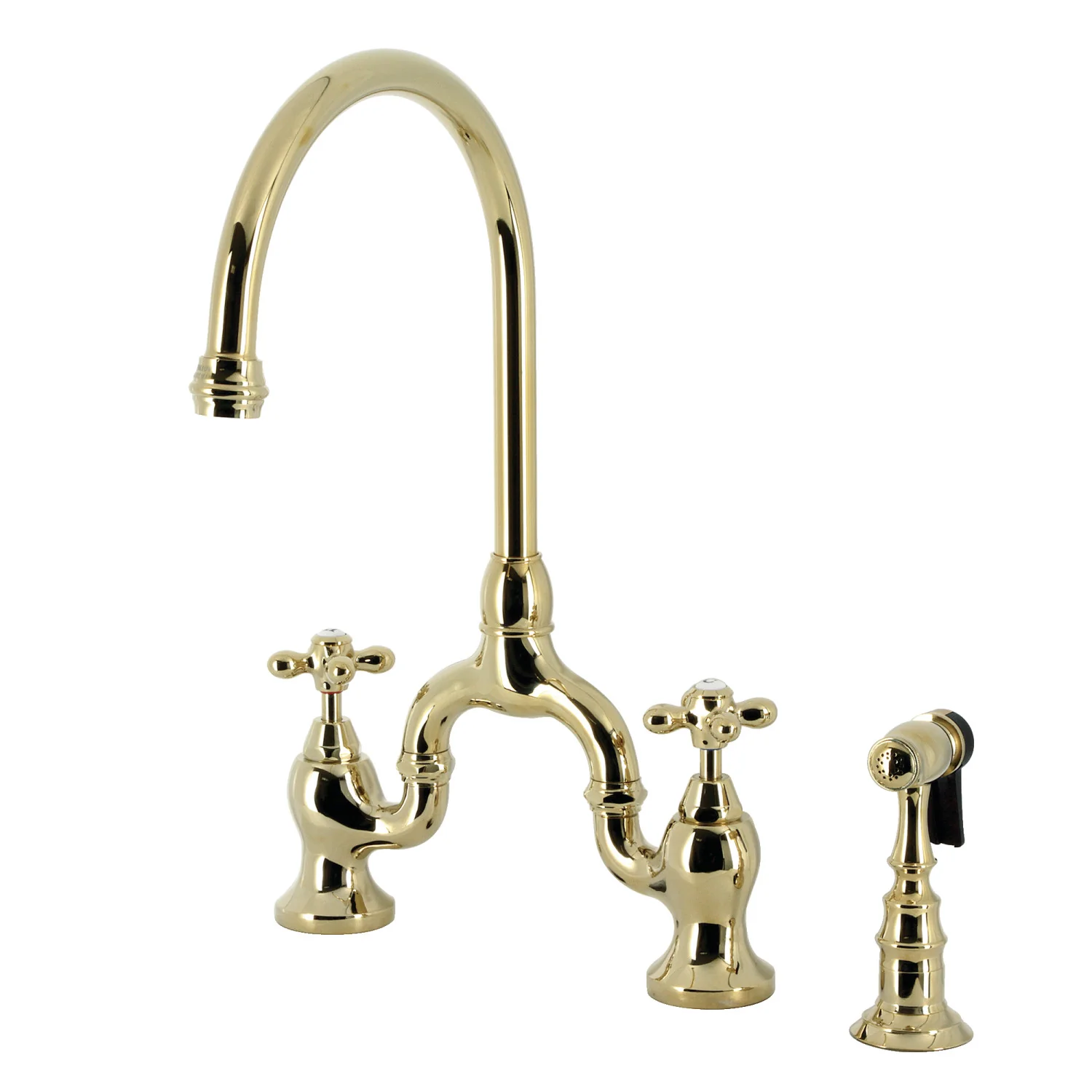 Kingston Heirloom KS7792AXBS - English Country Two-Handle 3-Hole Deck Mount Bridge Kitchen Faucet with Brass Sprayer, Polished Brass