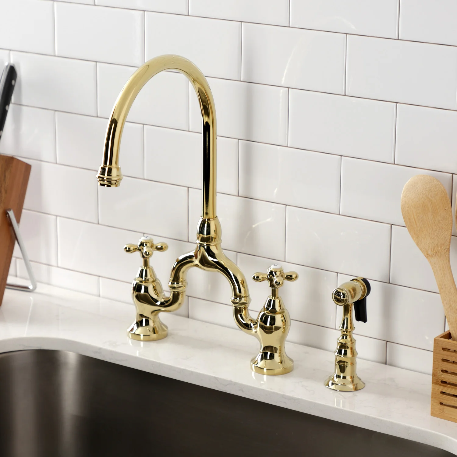 Kingston Heirloom KS7792AXBS - English Country Two-Handle 3-Hole Deck Mount Bridge Kitchen Faucet with Brass Sprayer, Polished Brass - Image 2