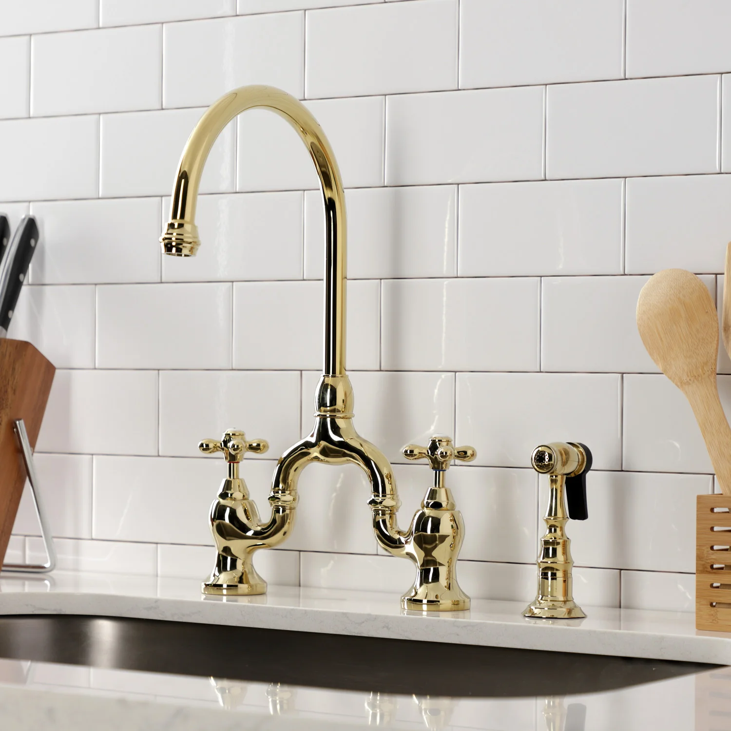 Kingston Heirloom KS7792AXBS - English Country Two-Handle 3-Hole Deck Mount Bridge Kitchen Faucet with Brass Sprayer, Polished Brass - Image 3