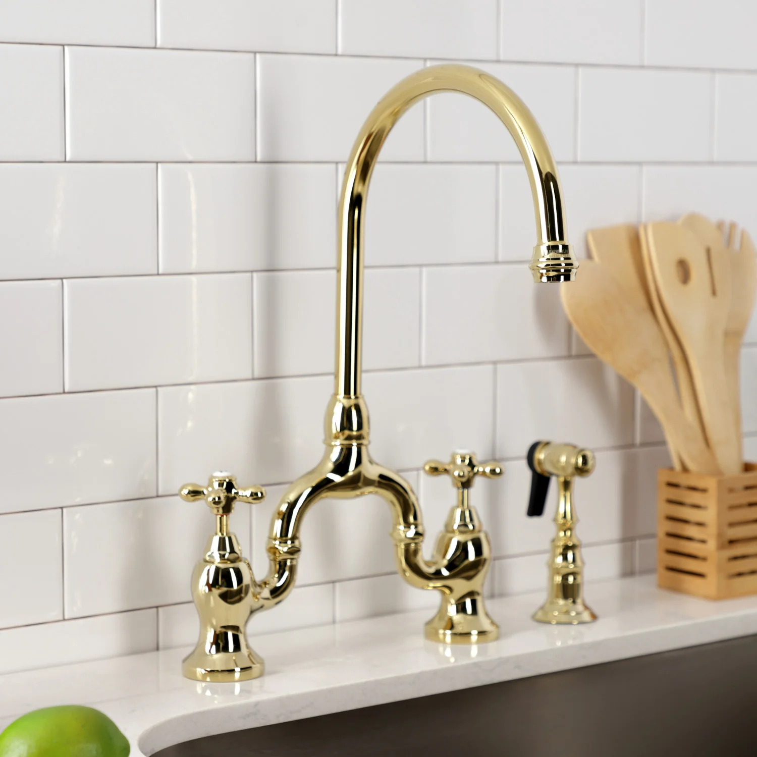 Kingston Heirloom KS7792AXBS - English Country Two-Handle 3-Hole Deck Mount Bridge Kitchen Faucet with Brass Sprayer, Polished Brass - Image 4