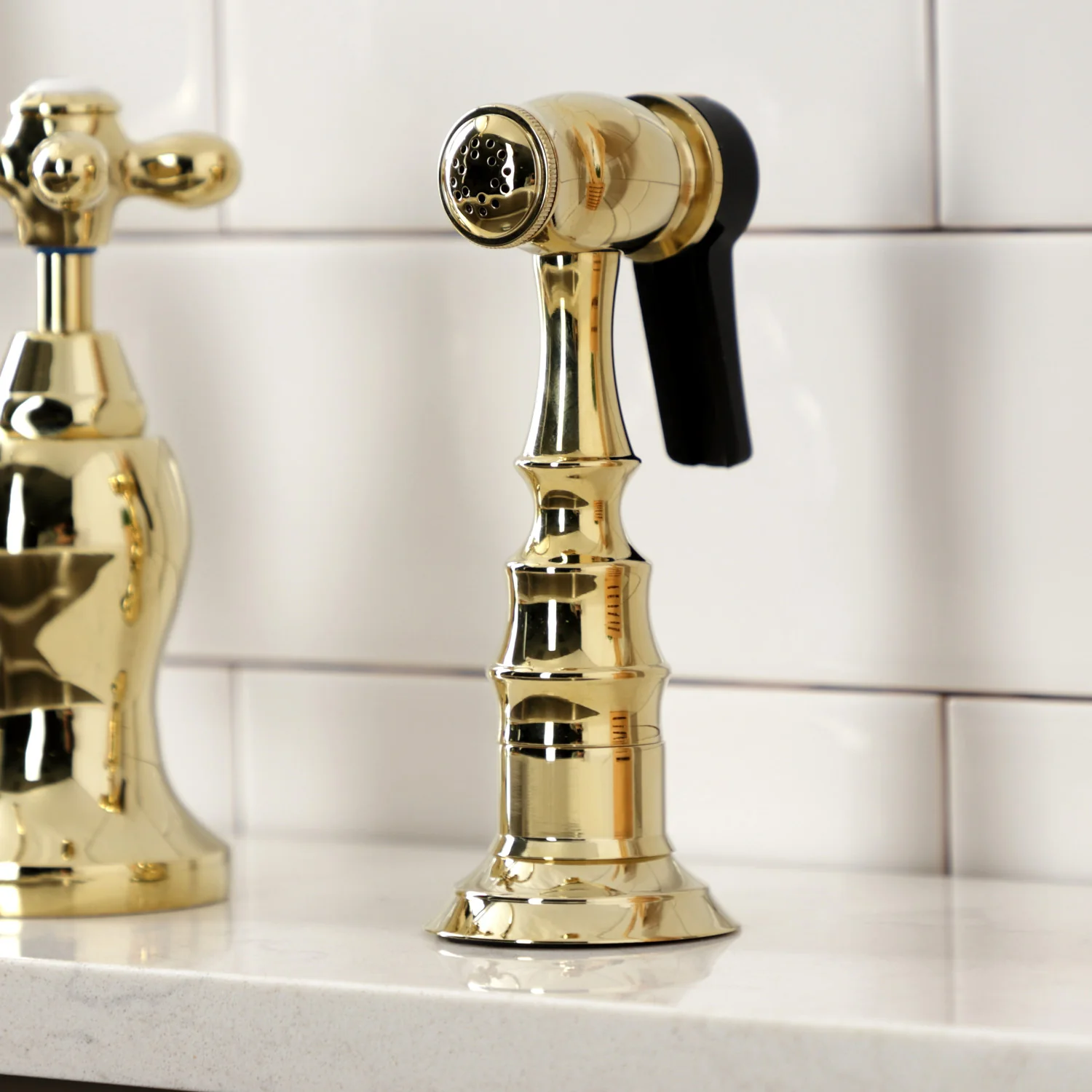 Kingston Heirloom KS7792AXBS - English Country Two-Handle 3-Hole Deck Mount Bridge Kitchen Faucet with Brass Sprayer, Polished Brass - Image 6