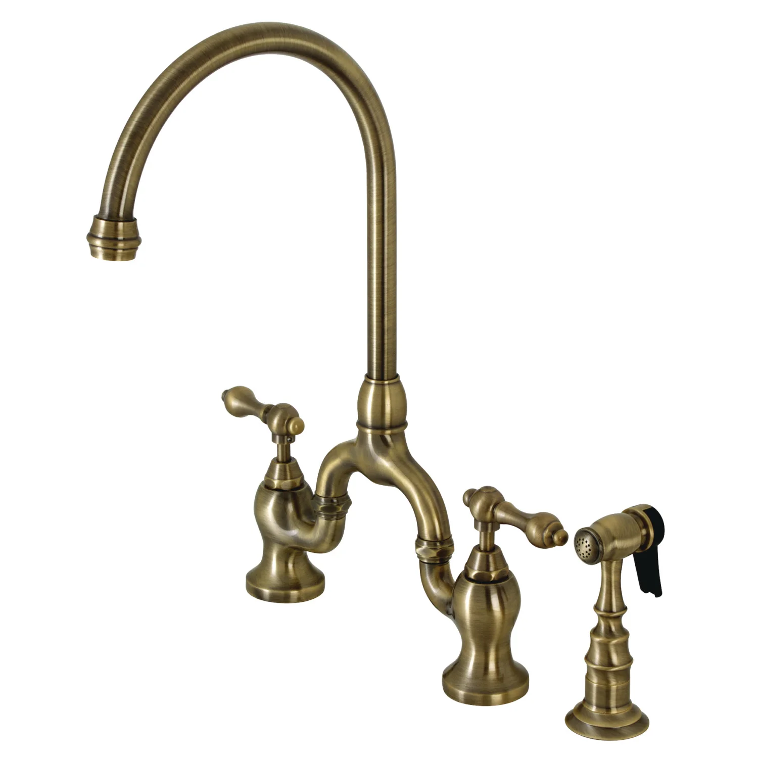 Kingston Heirloom KS7793ALBS - English Country Two-Handle 3-Hole Deck Mount Bridge Kitchen Faucet with Brass Sprayer, Antique Brass