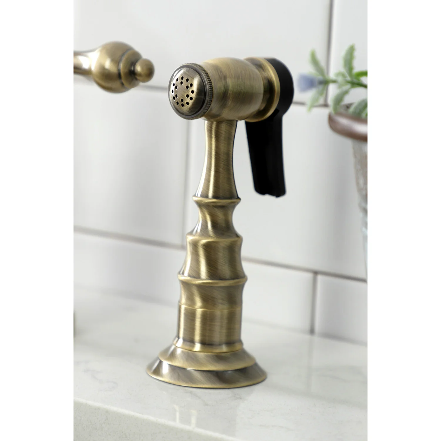 Kingston Heirloom KS7793ALBS - English Country Two-Handle 3-Hole Deck Mount Bridge Kitchen Faucet with Brass Sprayer, Antique Brass - Image 3