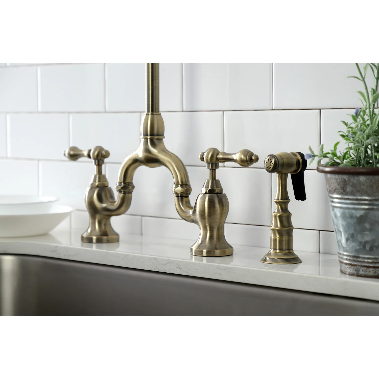 Kingston Heirloom KS7793ALBS - English Country Two-Handle 3-Hole Deck Mount Bridge Kitchen Faucet with Brass Sprayer, Antique Brass - Image 4