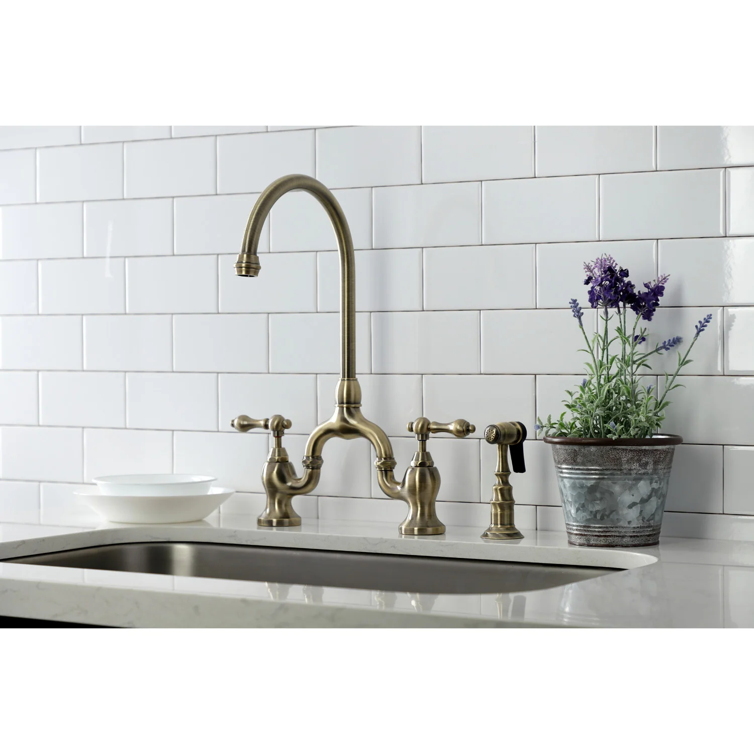 Kingston Heirloom KS7793ALBS - English Country Two-Handle 3-Hole Deck Mount Bridge Kitchen Faucet with Brass Sprayer, Antique Brass - Image 6